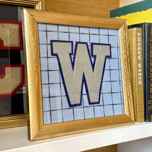 Vintage Varsity Letter Initial W on Blue Windowpane in Gold Frame