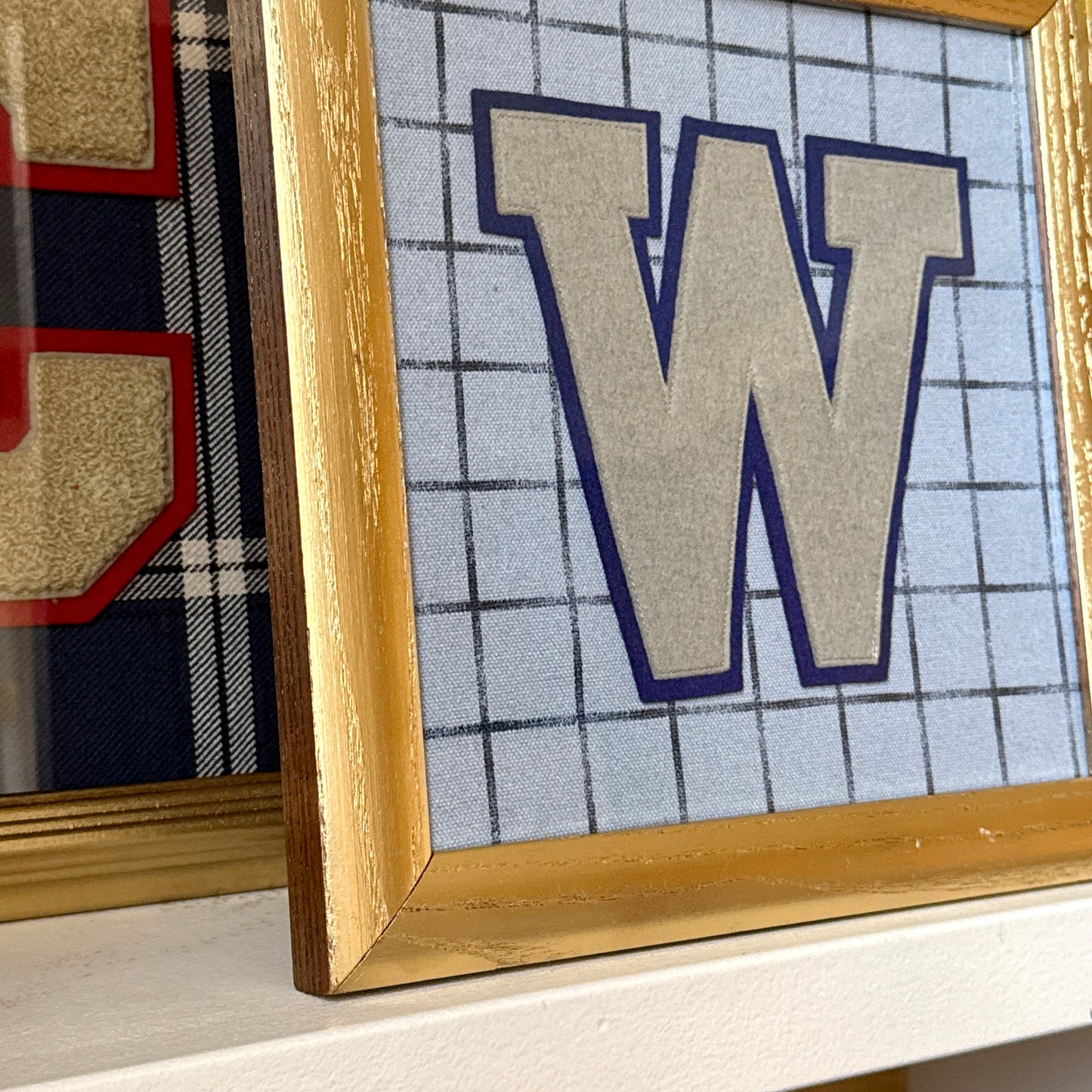 Vintage Varsity Letter Initial W on Blue Windowpane in Gold Frame