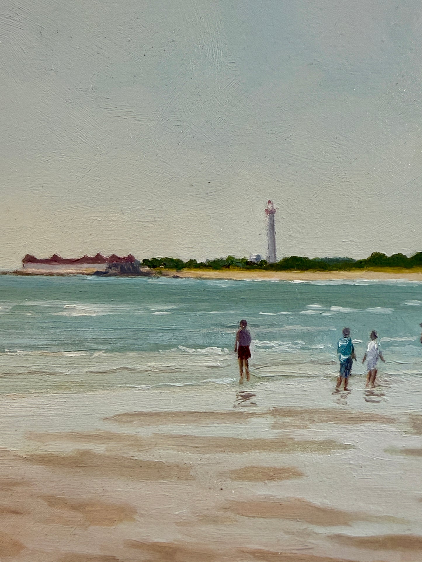 Anthony R. Thompson Figures on the Beach Coastal Landscape Cape May, NJ Oil Painting in Gold Frame