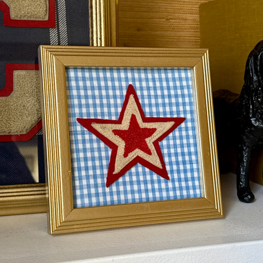 Vintage Varsity Jacket Terry and Wool Red Star on Blue Gingham in Gold Frame