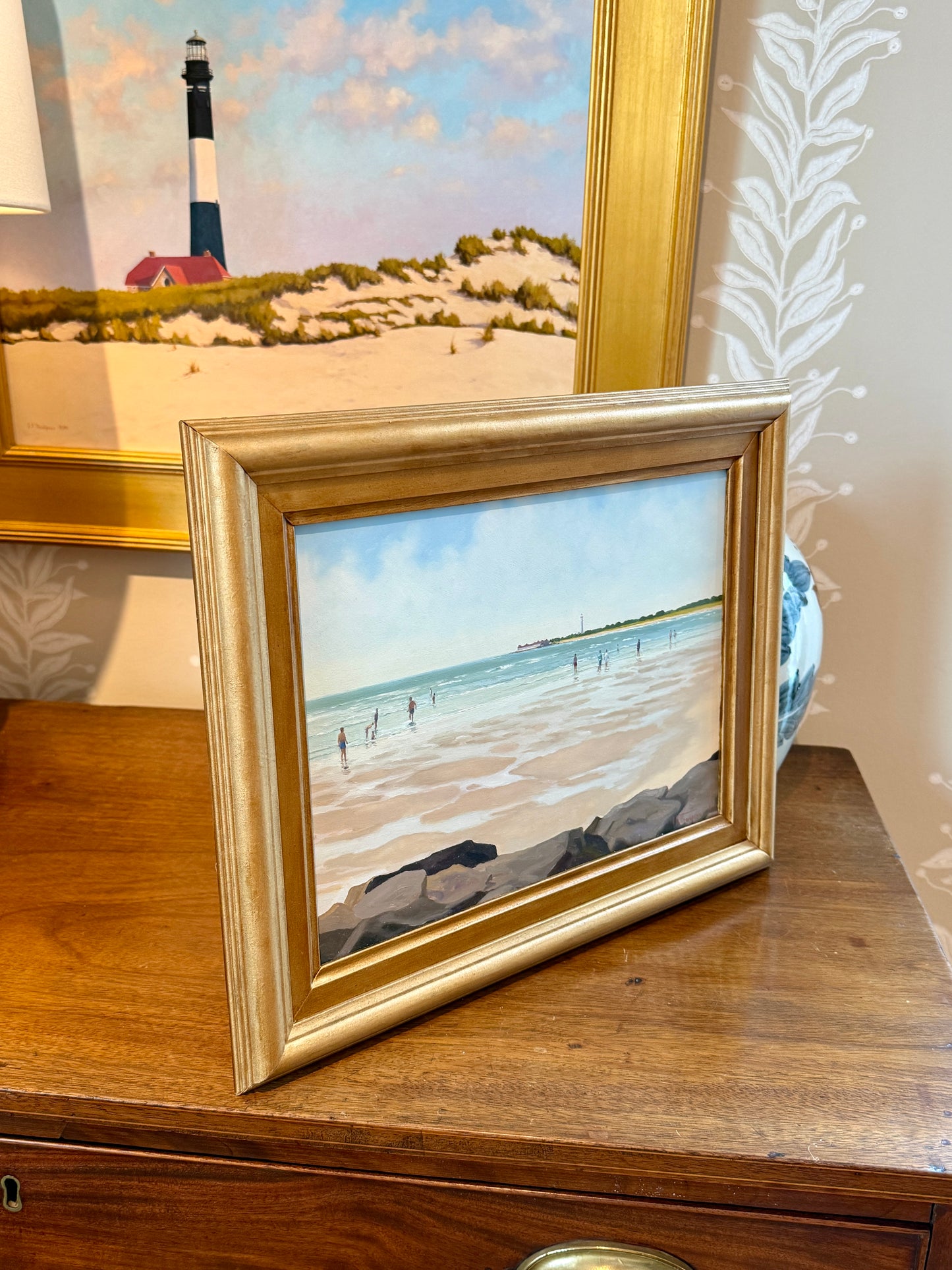 Anthony R. Thompson Figures on the Beach Coastal Landscape Cape May, NJ Oil Painting in Gold Frame