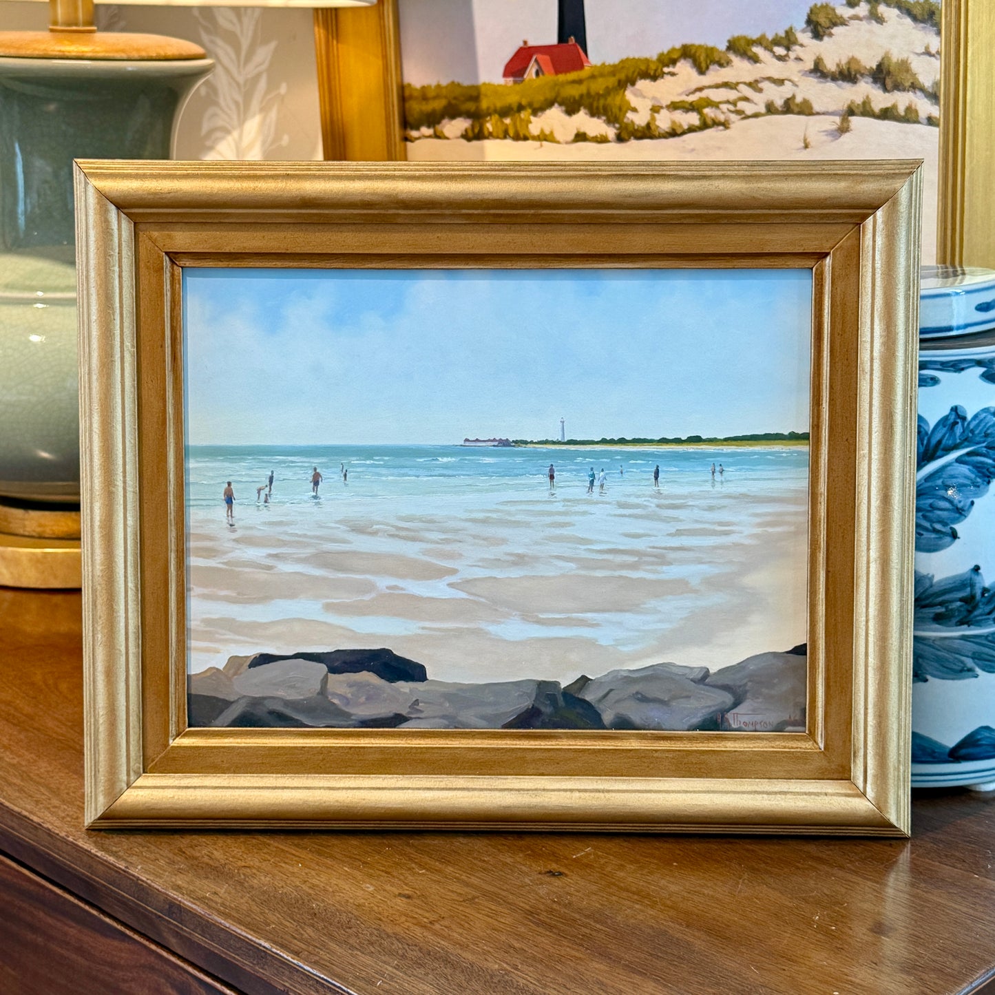 Anthony R. Thompson Figures on the Beach Coastal Landscape Cape May, NJ Oil Painting in Gold Frame