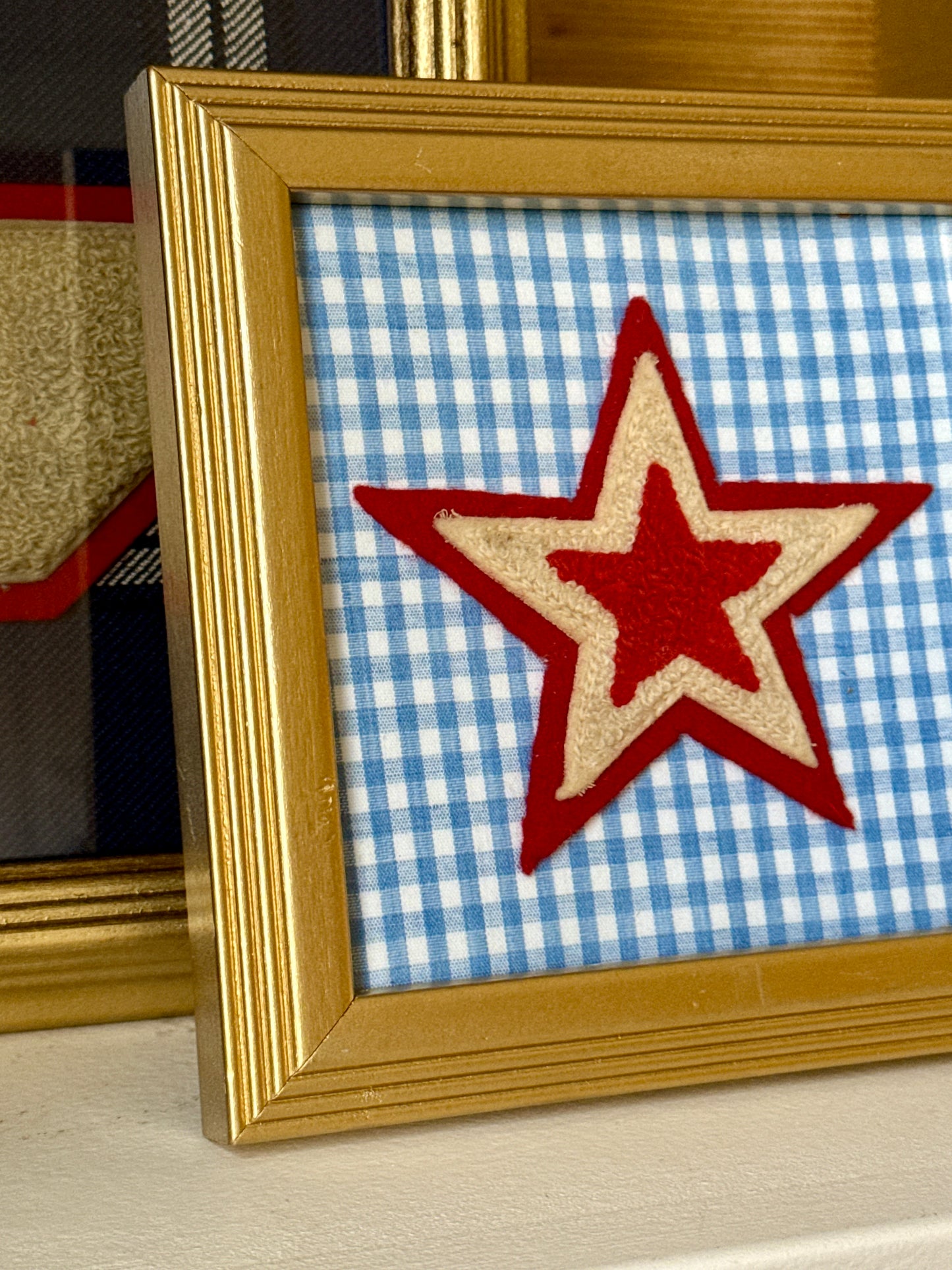 Vintage Varsity Jacket Terry and Wool Red Star on Blue Gingham in Gold Frame