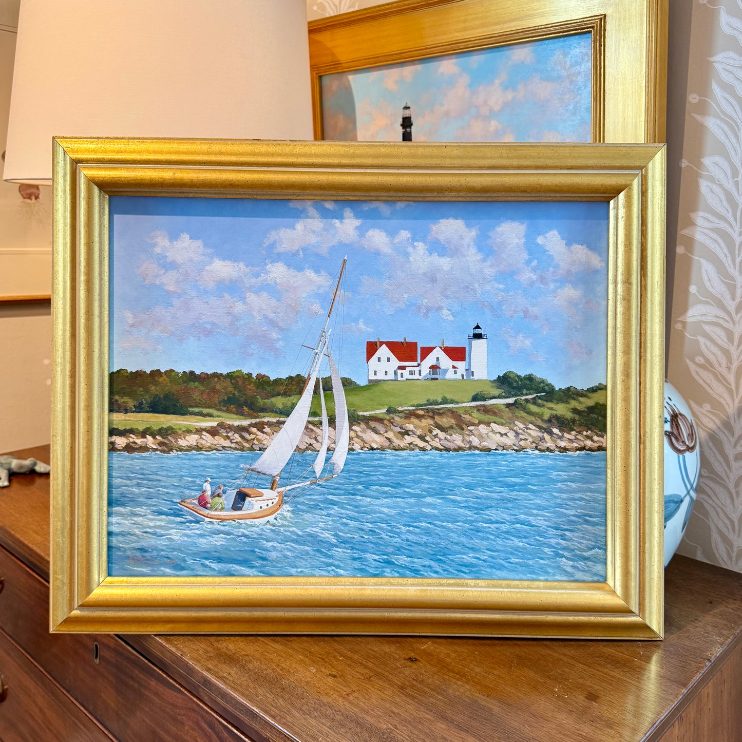 Anthony R. Thompson Stiff Breeze Off Nobska Cape Cod Coastal Lighthouse Landscape Oil Painting in Gold Frame