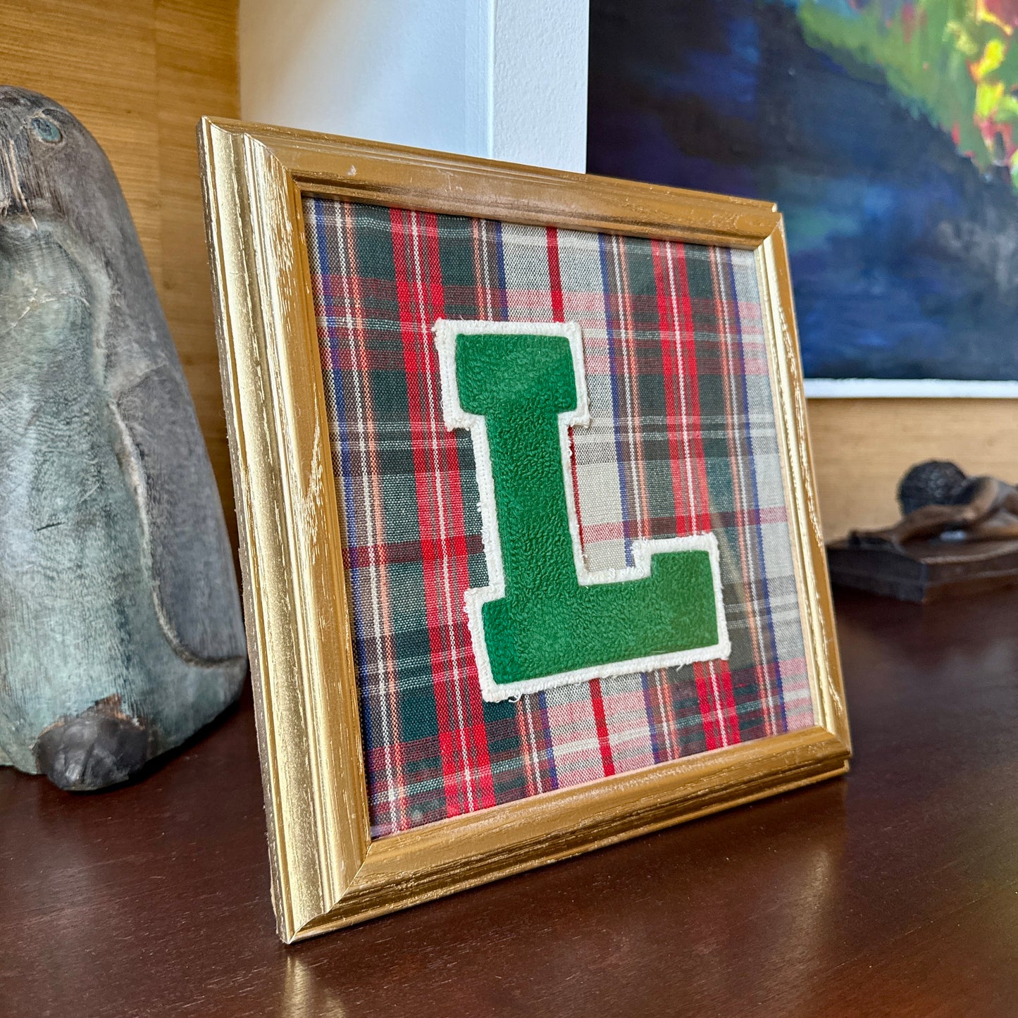 Vintage Varsity Letter Initial L on Tartan Plaid in Gold Frame