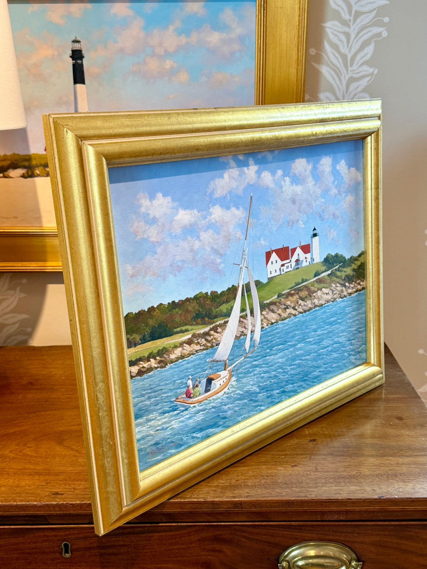 Anthony R. Thompson Stiff Breeze Off Nobska Cape Cod Coastal Lighthouse Landscape Oil Painting in Gold Frame