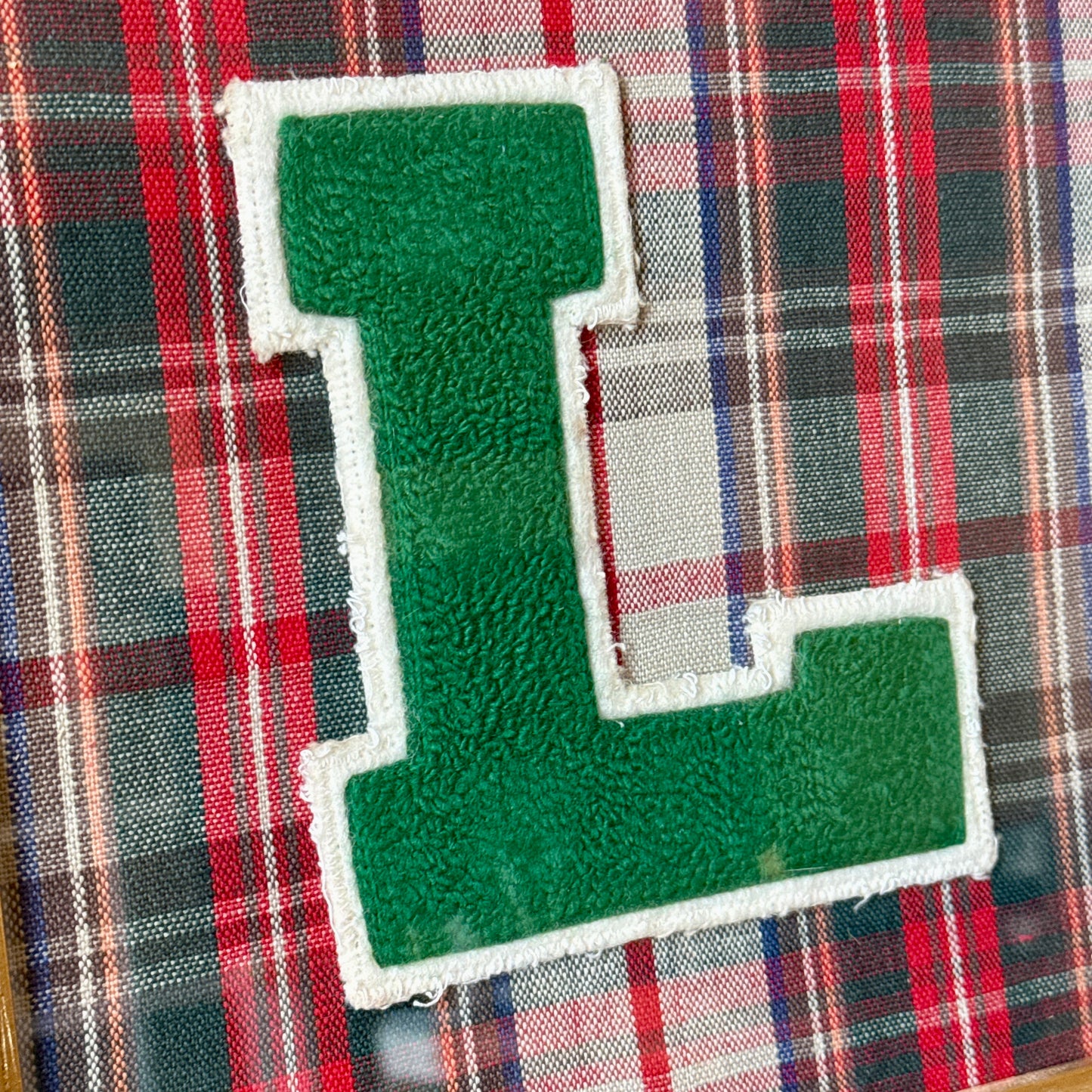 Vintage Varsity Letter Initial L on Tartan Plaid in Gold Frame