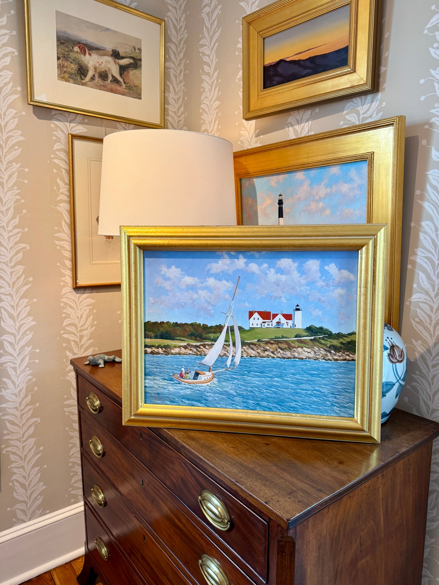 Anthony R. Thompson Stiff Breeze Off Nobska Cape Cod Coastal Lighthouse Landscape Oil Painting in Gold Frame