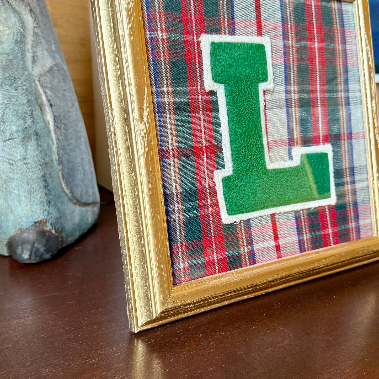 Vintage Varsity Letter Initial L on Tartan Plaid in Gold Frame