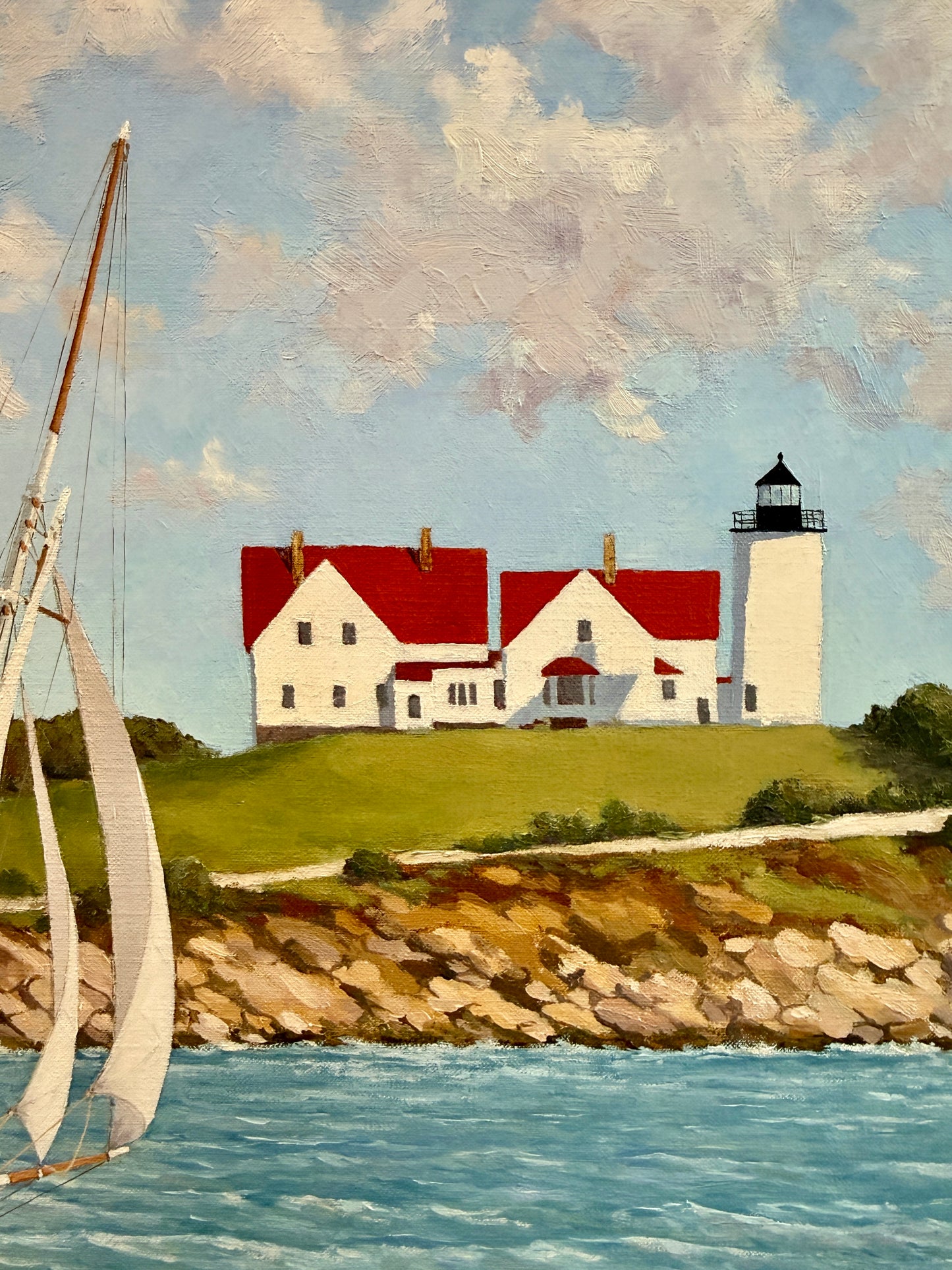 Anthony R. Thompson Stiff Breeze Off Nobska Cape Cod Coastal Lighthouse Landscape Oil Painting in Gold Frame