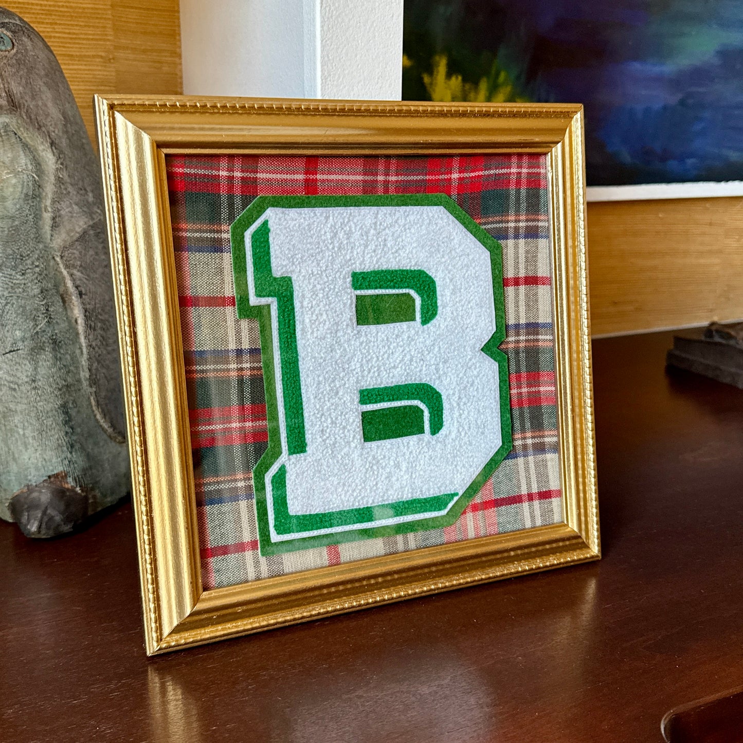 Vintage Varsity Letter Initial B on Tartan Plaid in Gold Frame