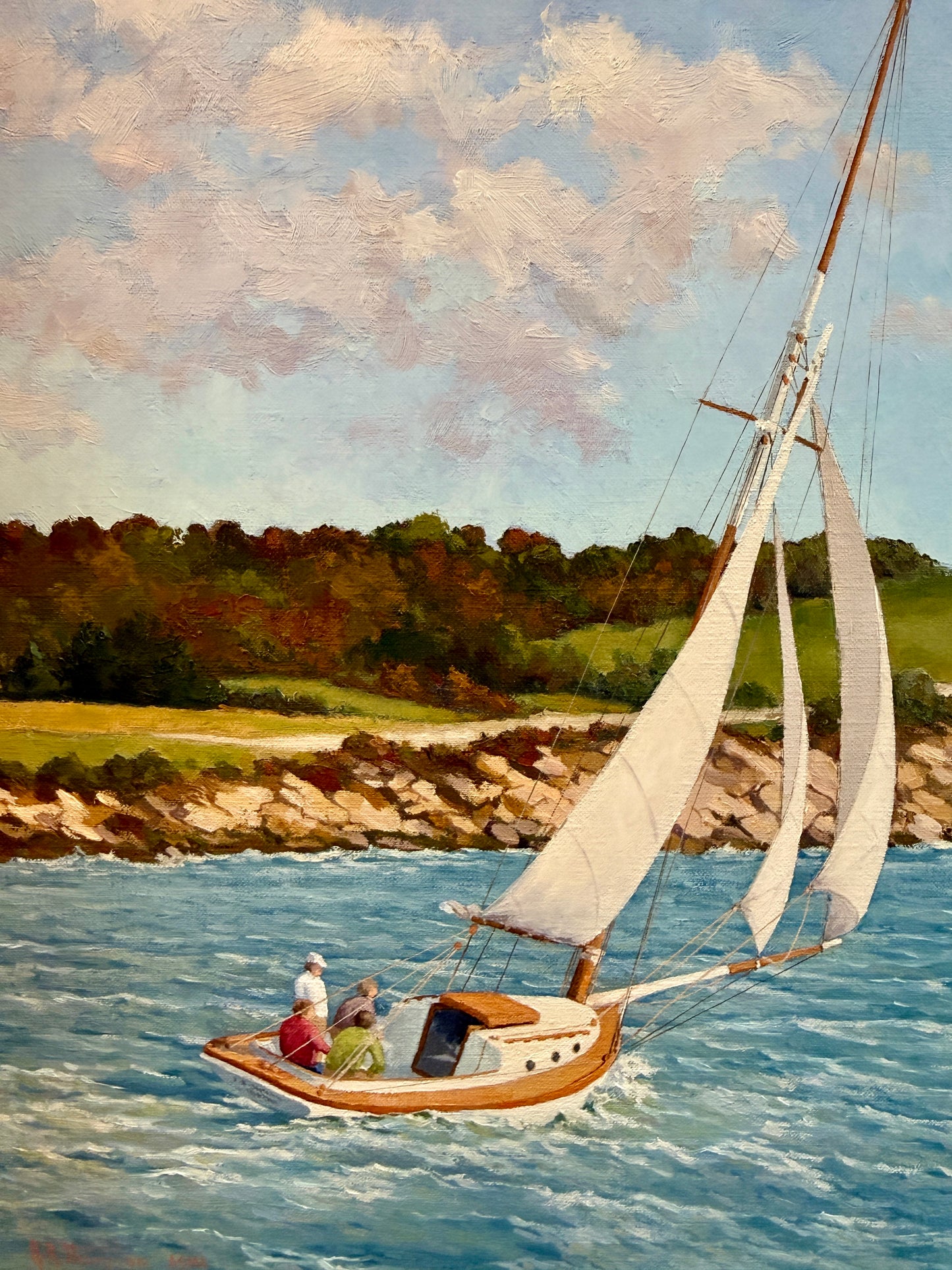 Anthony R. Thompson Stiff Breeze Off Nobska Cape Cod Coastal Lighthouse Landscape Oil Painting in Gold Frame
