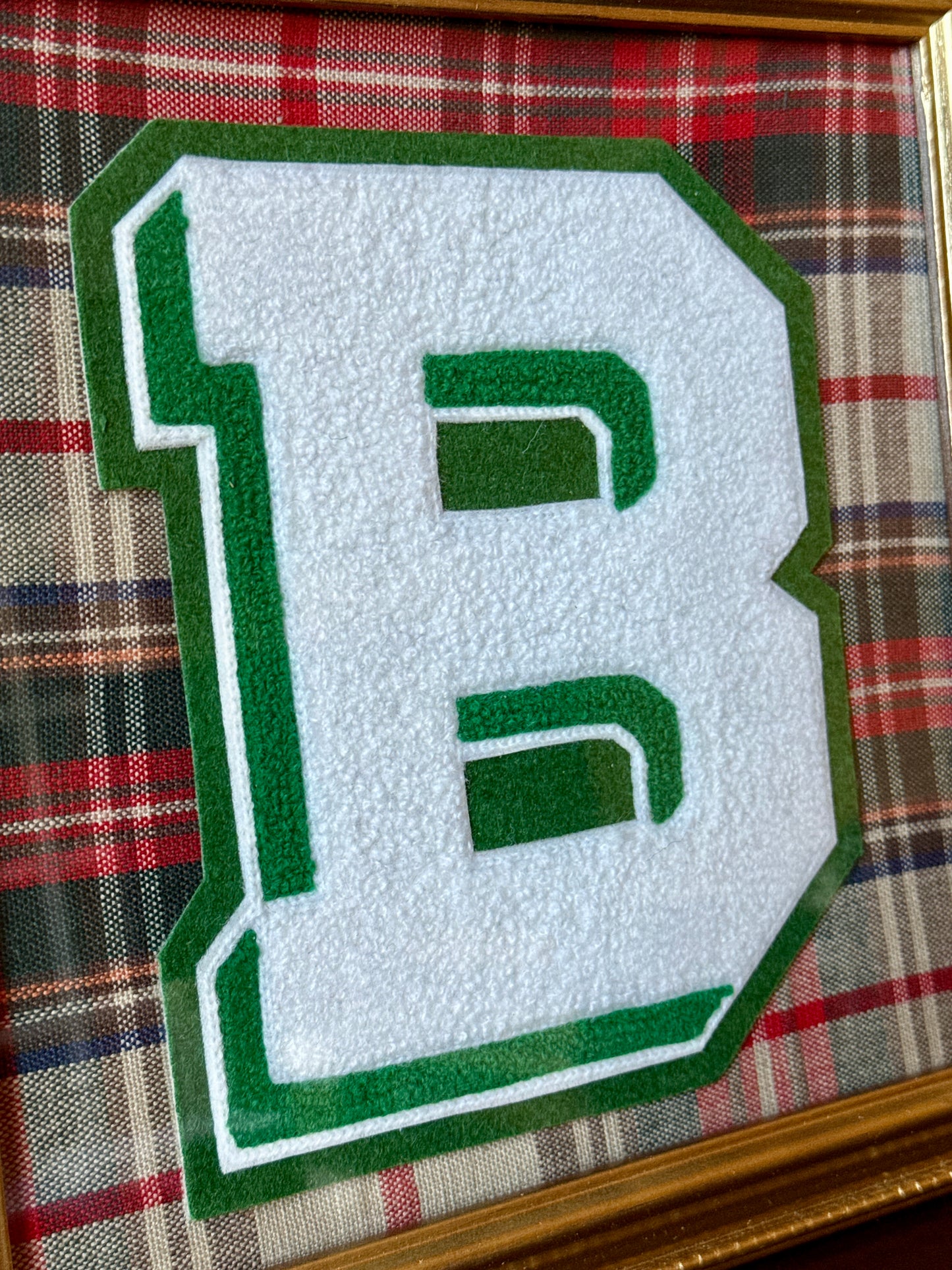 Vintage Varsity Letter Initial B on Tartan Plaid in Gold Frame