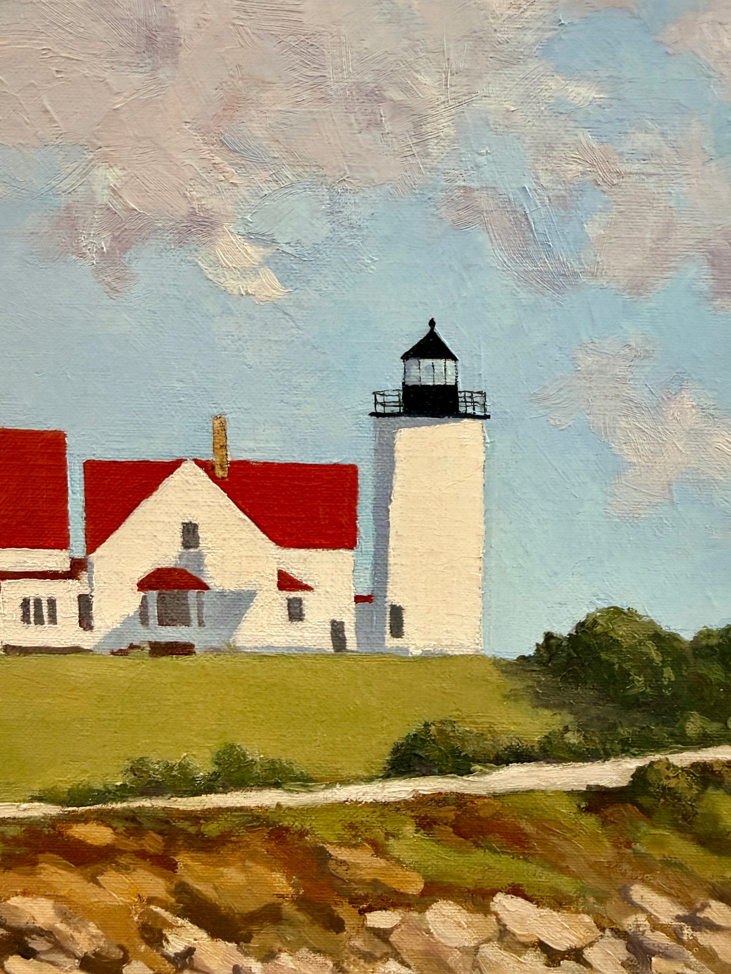 Anthony R. Thompson Stiff Breeze Off Nobska Cape Cod Coastal Lighthouse Landscape Oil Painting in Gold Frame
