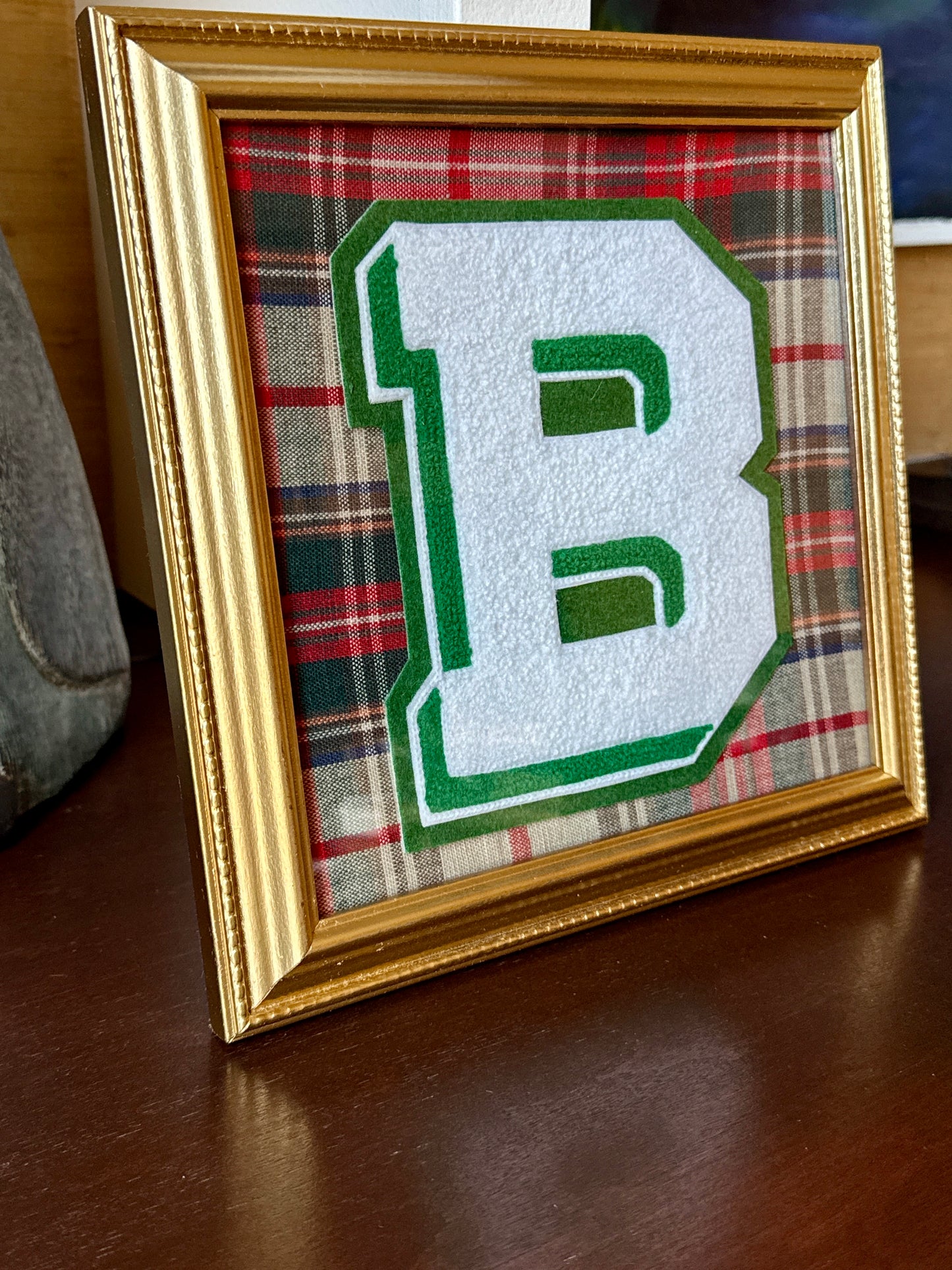 Vintage Varsity Letter Initial B on Tartan Plaid in Gold Frame