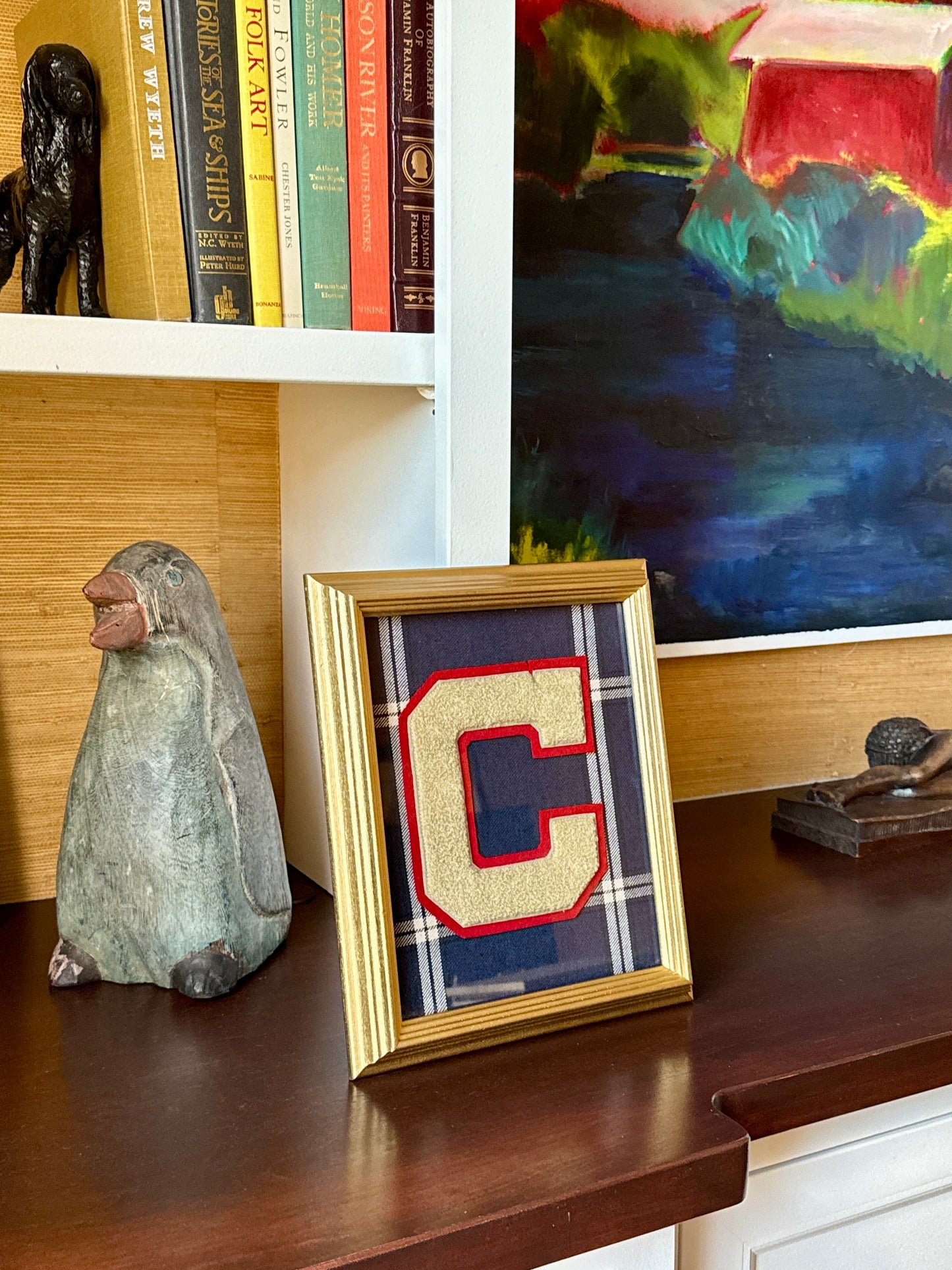 Vintage Varsity Letter Initial C on Navy Blue Plaid in Gold Frame