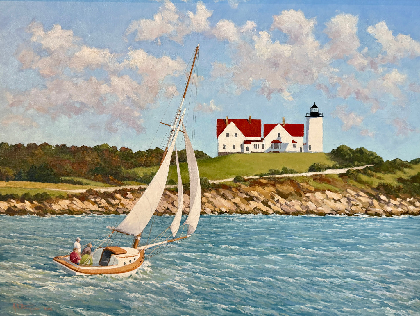 Anthony R. Thompson Stiff Breeze Off Nobska Cape Cod Coastal Lighthouse Landscape Oil Painting in Gold Frame
