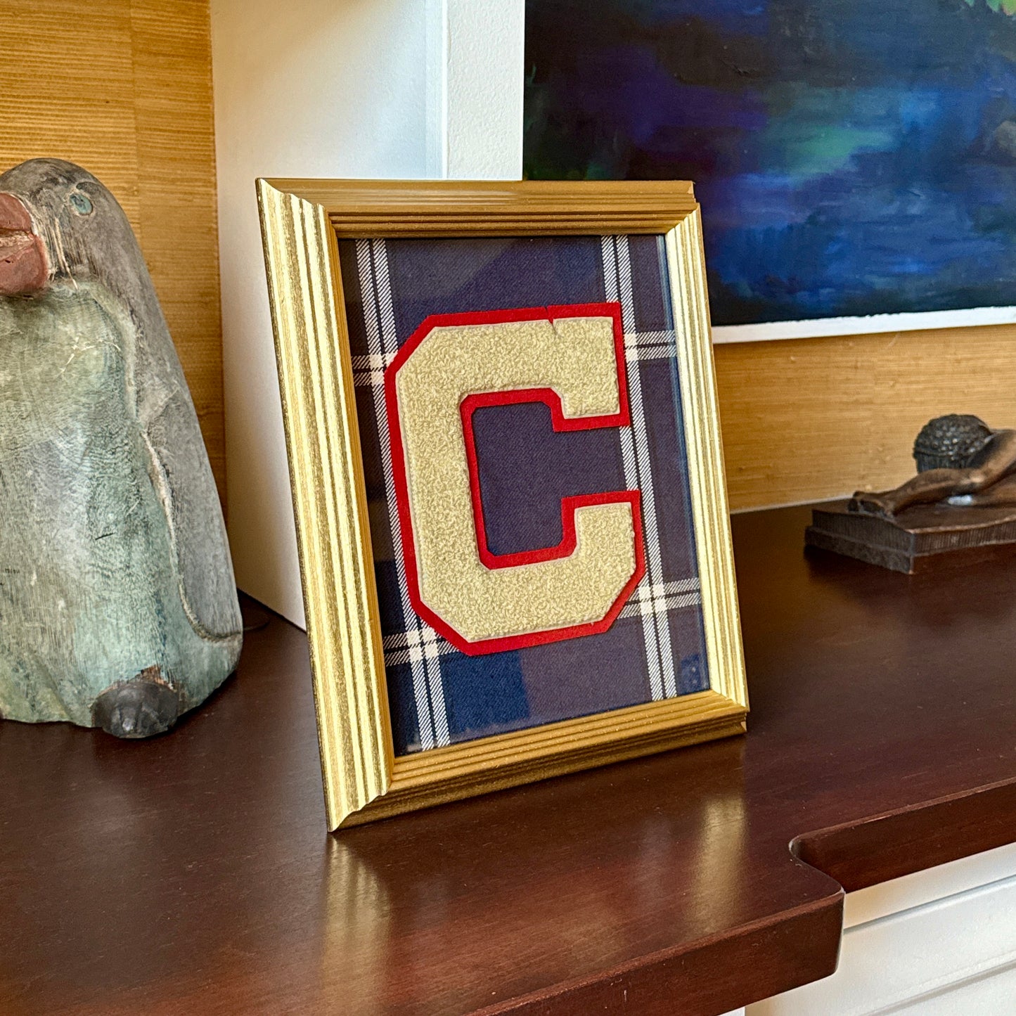 Vintage Varsity Letter Initial C on Navy Blue Plaid in Gold Frame