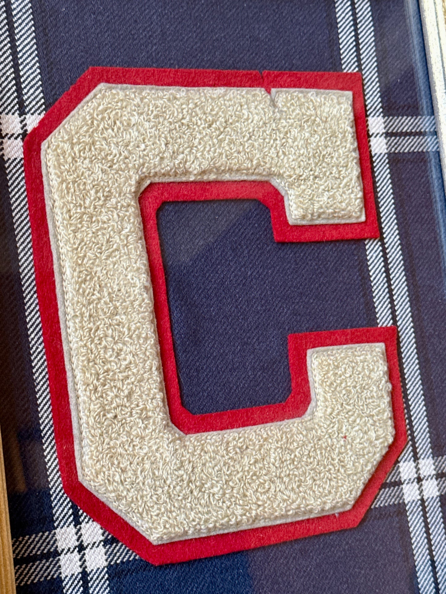 Vintage Varsity Letter Initial C on Navy Blue Plaid in Gold Frame