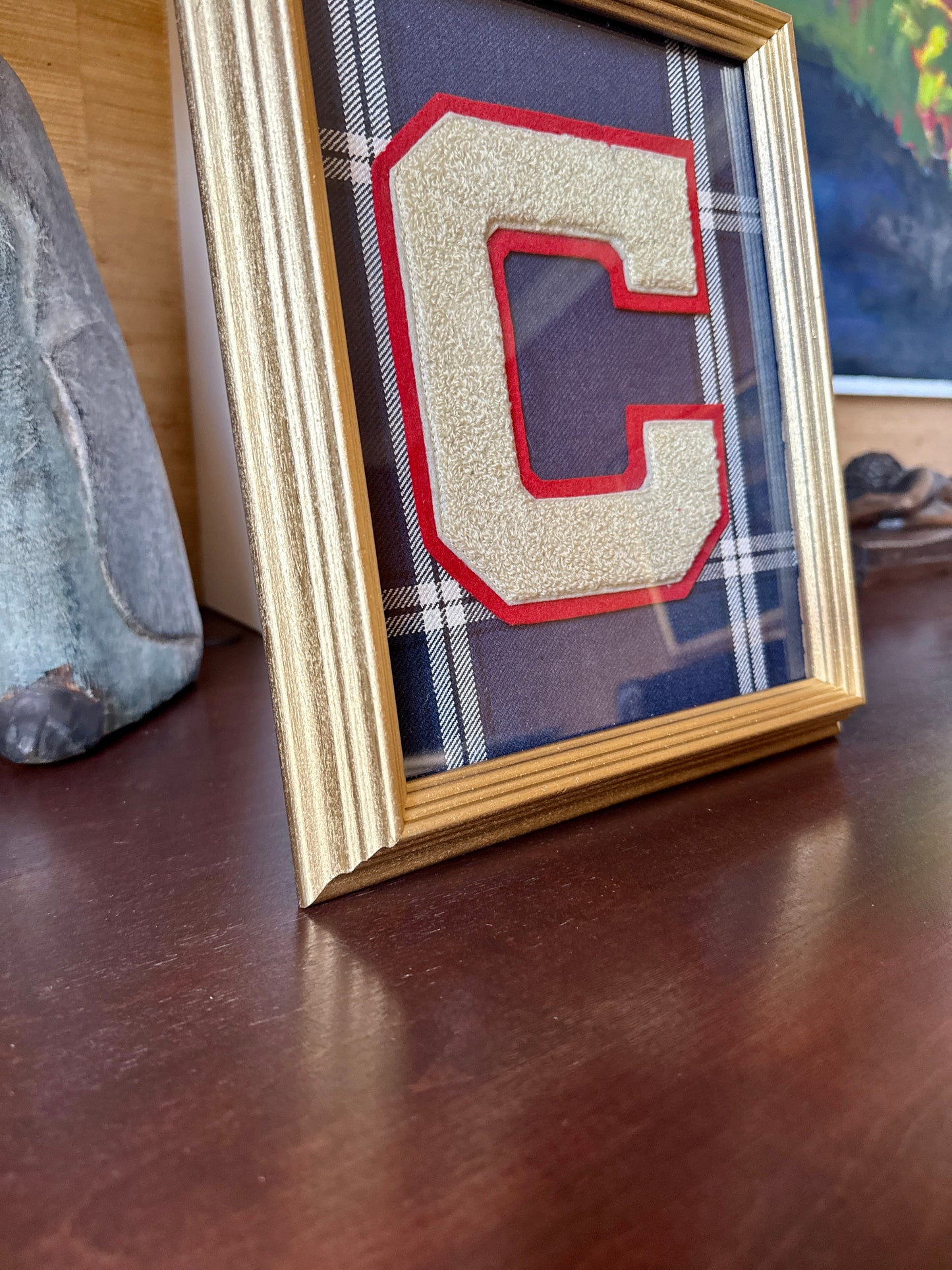 Vintage Varsity Letter Initial C on Navy Blue Plaid in Gold Frame