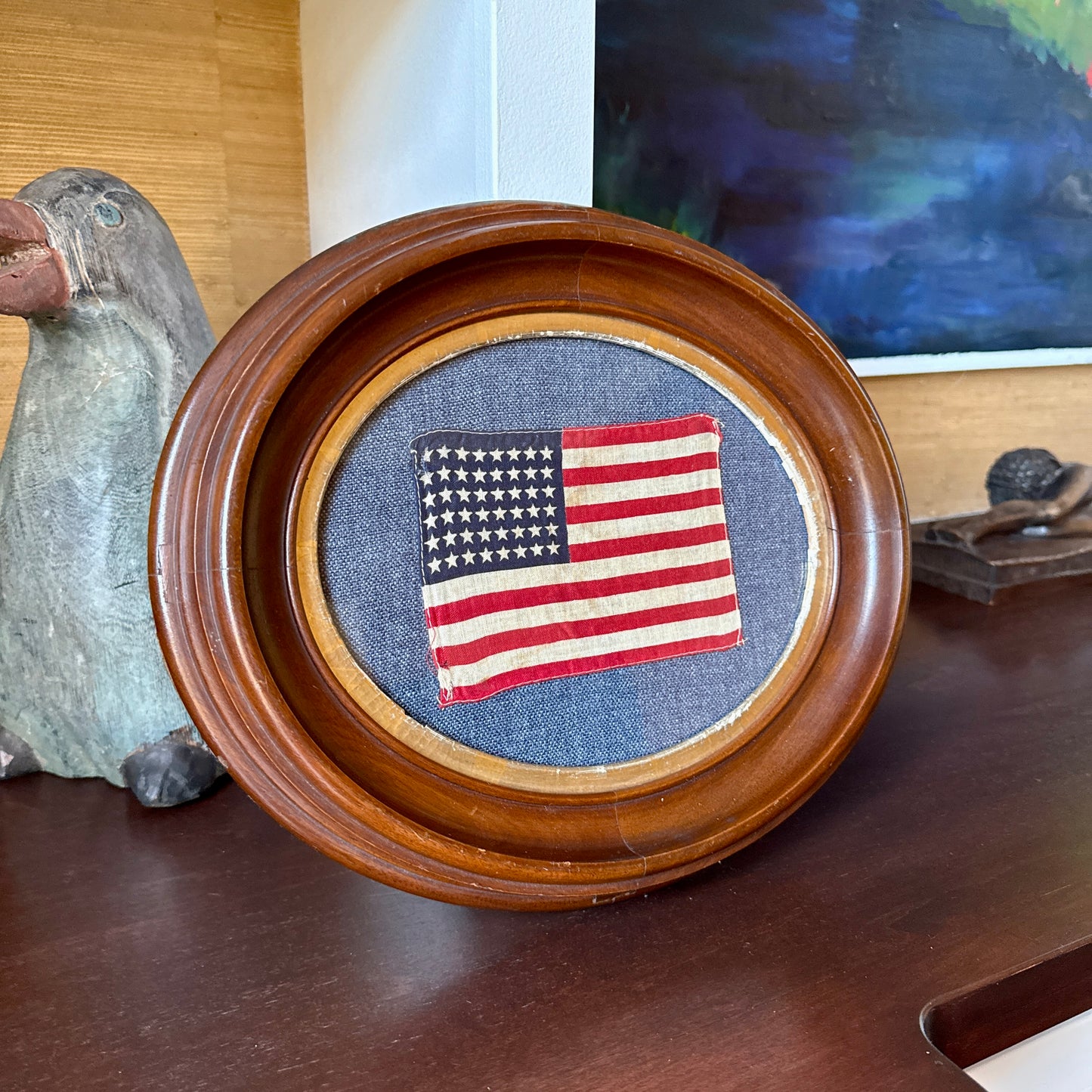 Old 48 Star American Parade Flag on Blue Oxford Fabric in 19th Century Oval Frame
