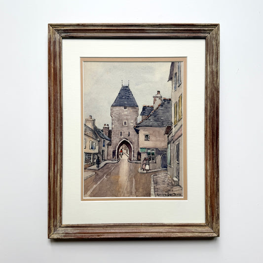 Julius Delbos British Street Scene with Horseback Rider Watercolor Painting in Wood Frame