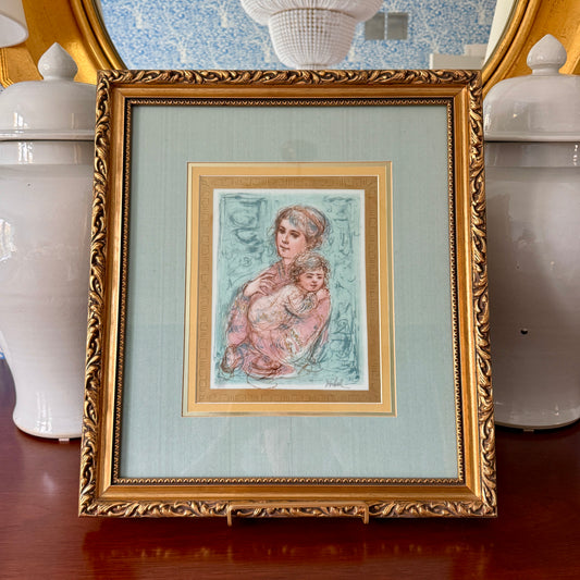 Edna Hibel Mother and Child Signed Lithograph on Porcelain in Ornate Gold Frame