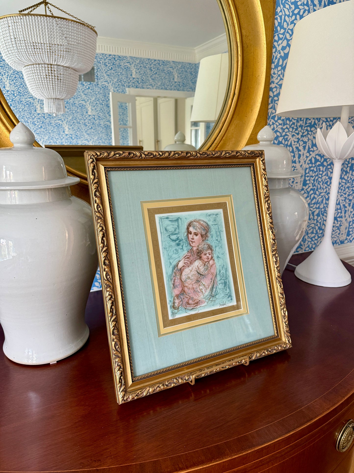 Edna Hibel Mother and Child Signed Lithograph on Porcelain in Ornate Gold Frame