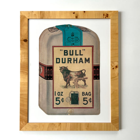 Old Bull Durham NC Tobacco Advertisement in Natural Burlwood Frame