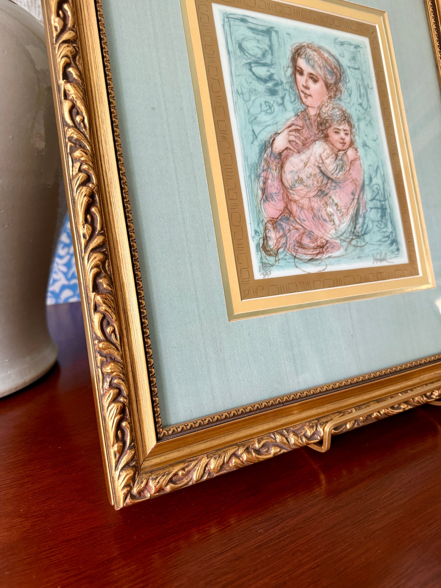 Edna Hibel Mother and Child Signed Lithograph on Porcelain in Ornate Gold Frame