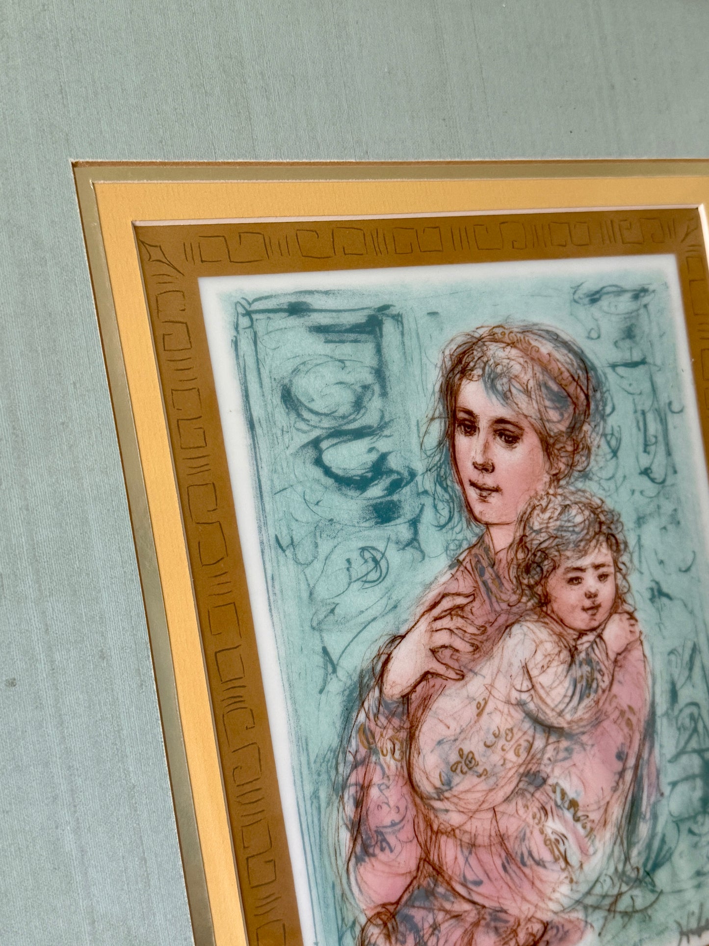 Edna Hibel Mother and Child Signed Lithograph on Porcelain in Ornate Gold Frame