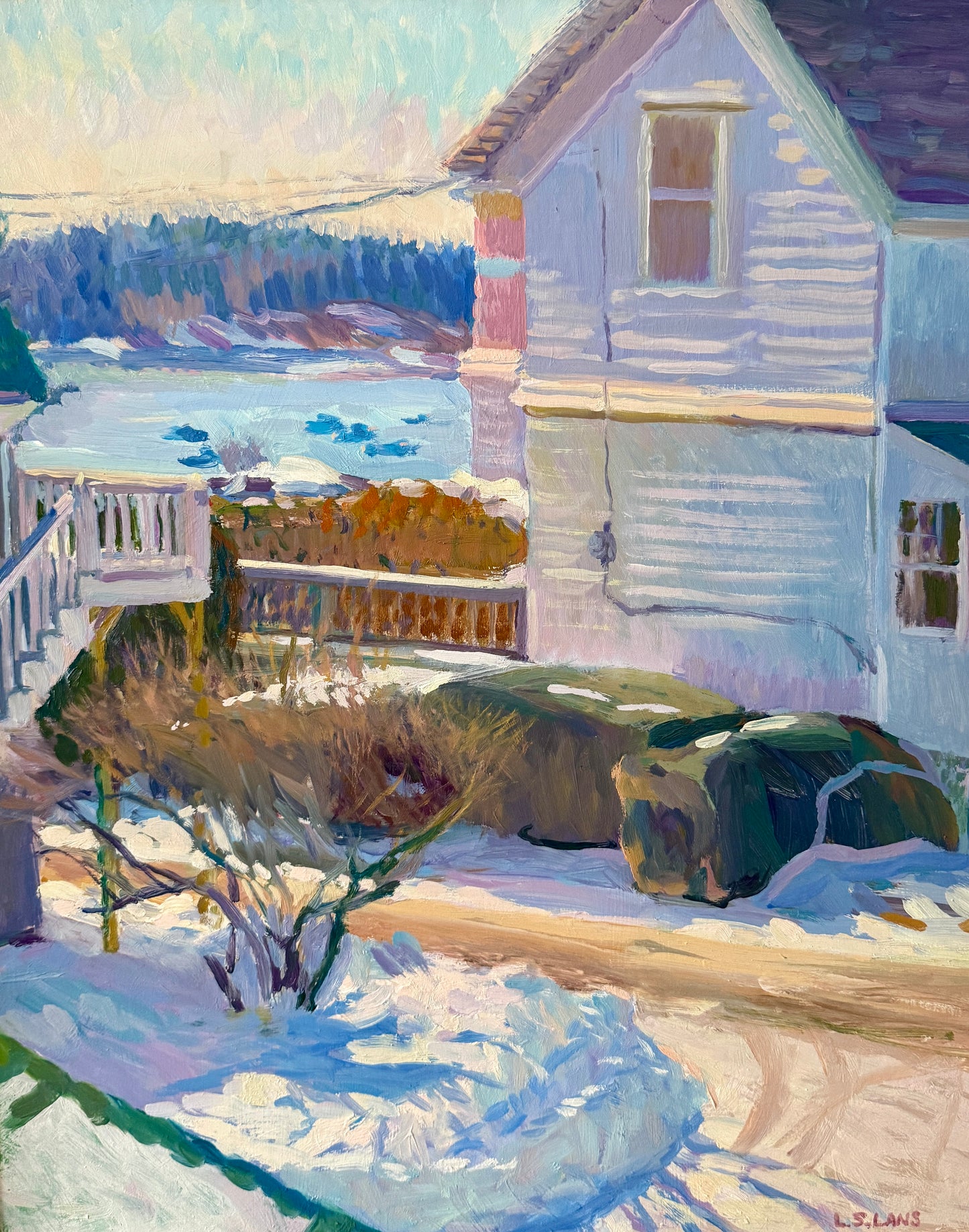 Lorraine Lans Winter View, Maine Neighborhood Harbor Landscape Oil Painting in Gold Frame