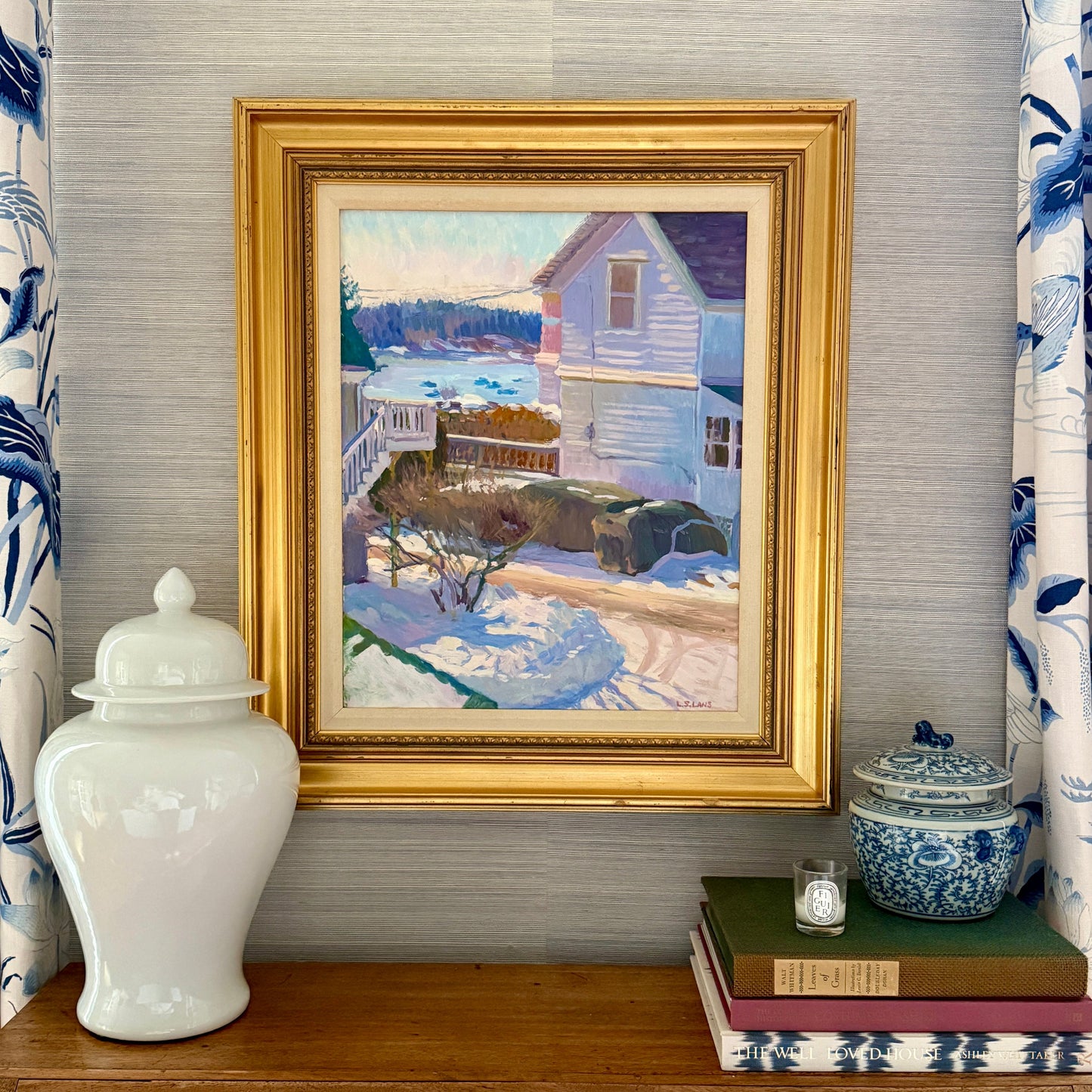 Lorraine Lans Winter View, Maine Neighborhood Harbor Landscape Oil Painting in Gold Frame