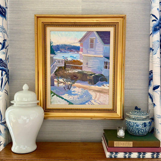Lorraine Lans Winter View, Maine Neighborhood Harbor Landscape Oil Painting in Gold Frame