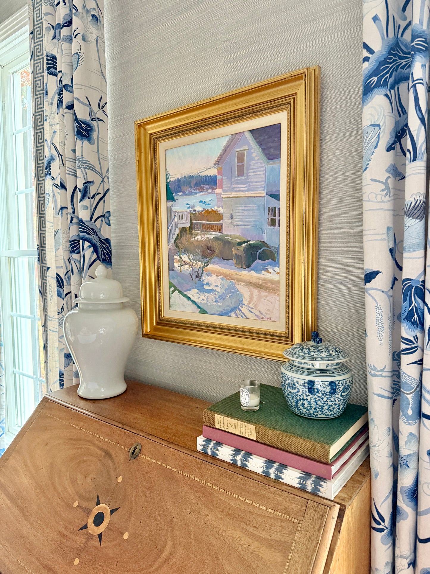 Lorraine Lans Winter View, Maine Neighborhood Harbor Landscape Oil Painting in Gold Frame