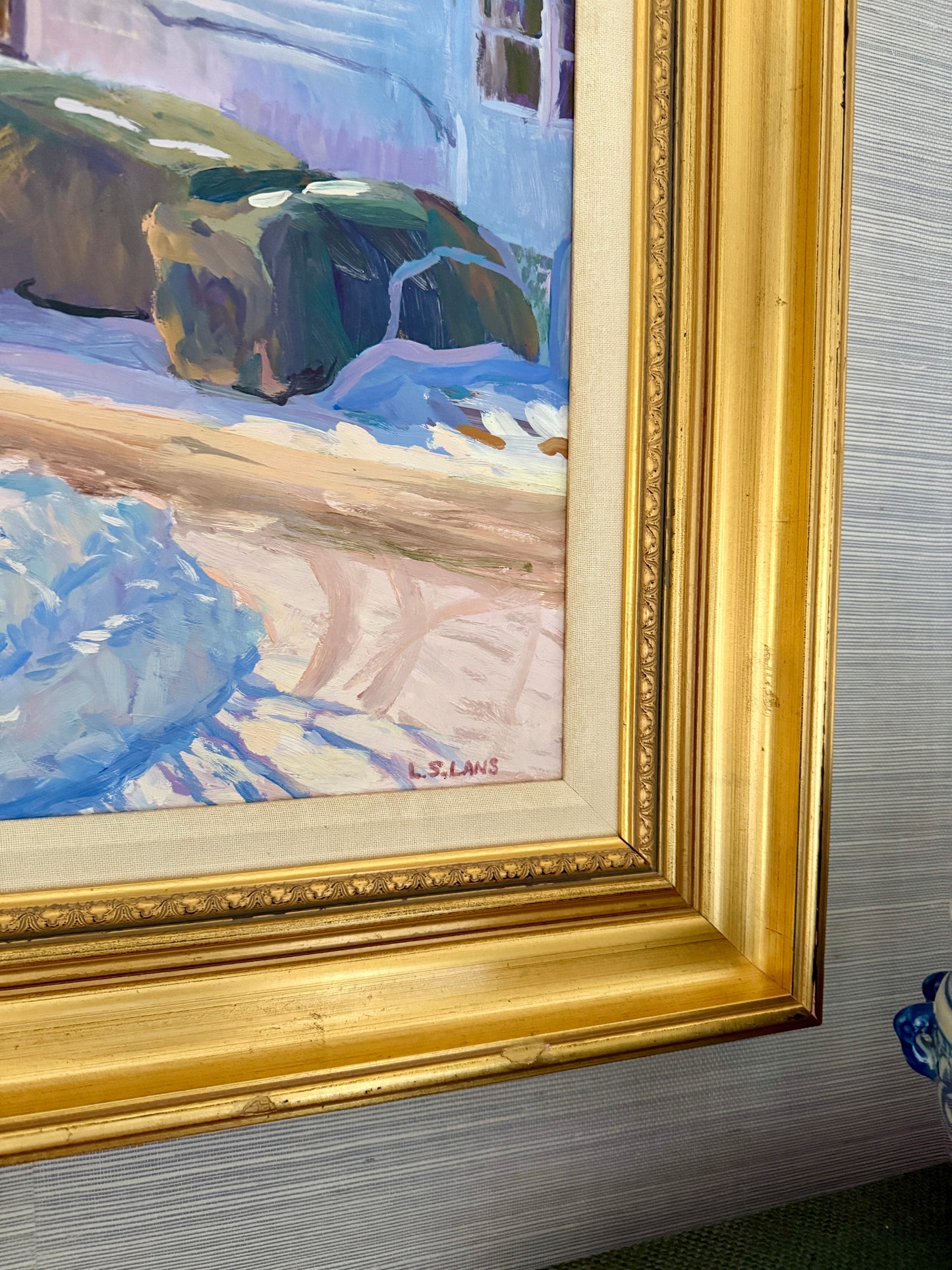 Lorraine Lans Winter View, Maine Neighborhood Harbor Landscape Oil Painting in Gold Frame