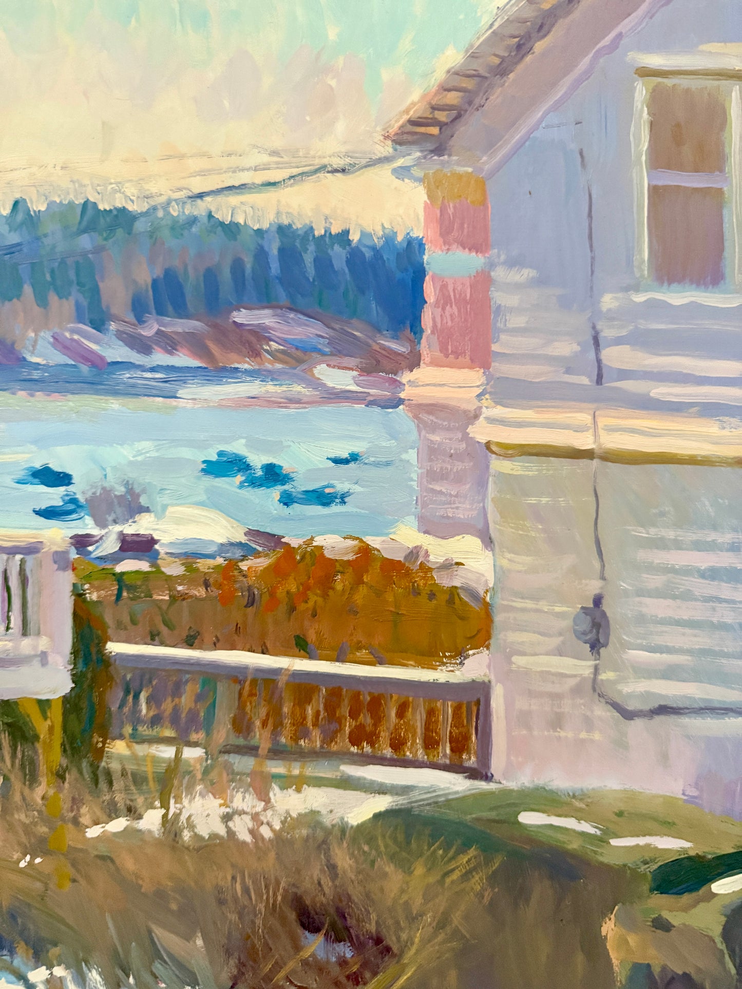 Lorraine Lans Winter View, Maine Neighborhood Harbor Landscape Oil Painting in Gold Frame