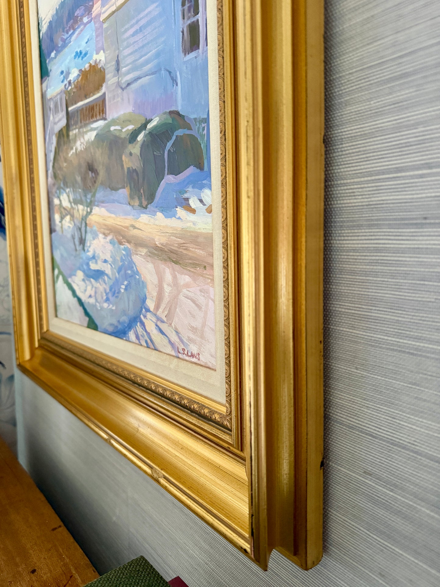 Lorraine Lans Winter View, Maine Neighborhood Harbor Landscape Oil Painting in Gold Frame