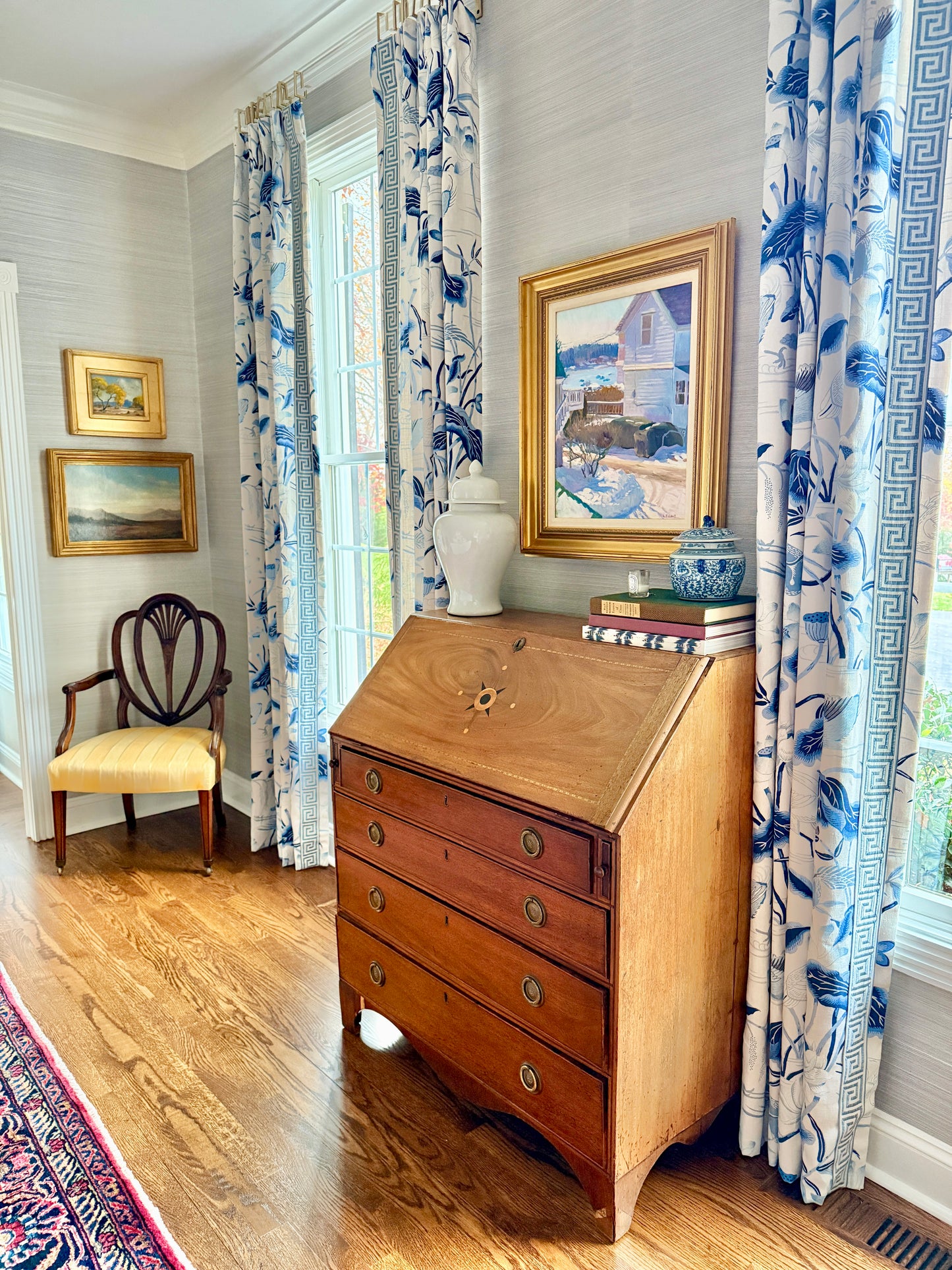 Lorraine Lans Winter View, Maine Neighborhood Harbor Landscape Oil Painting in Gold Frame