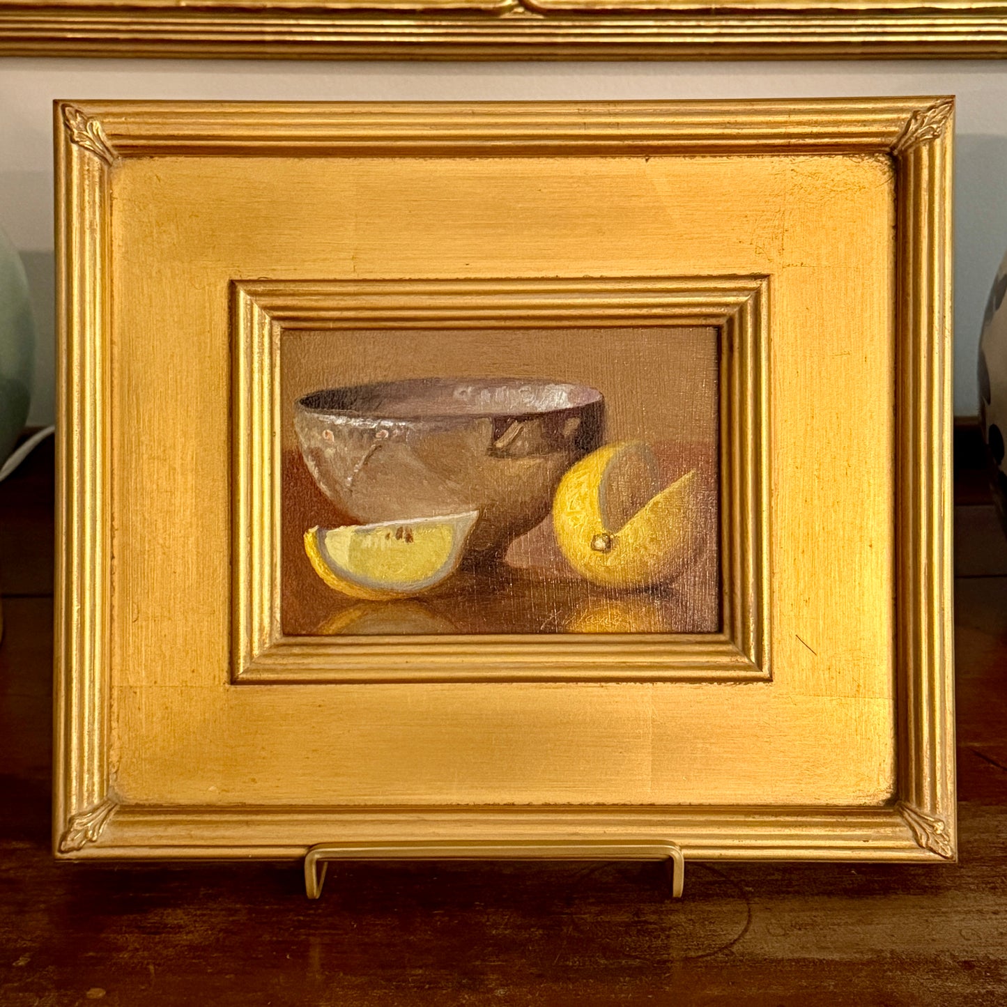 Lemon Slices and Pottery Bowl Still Life Oil Painting in Gold Frame