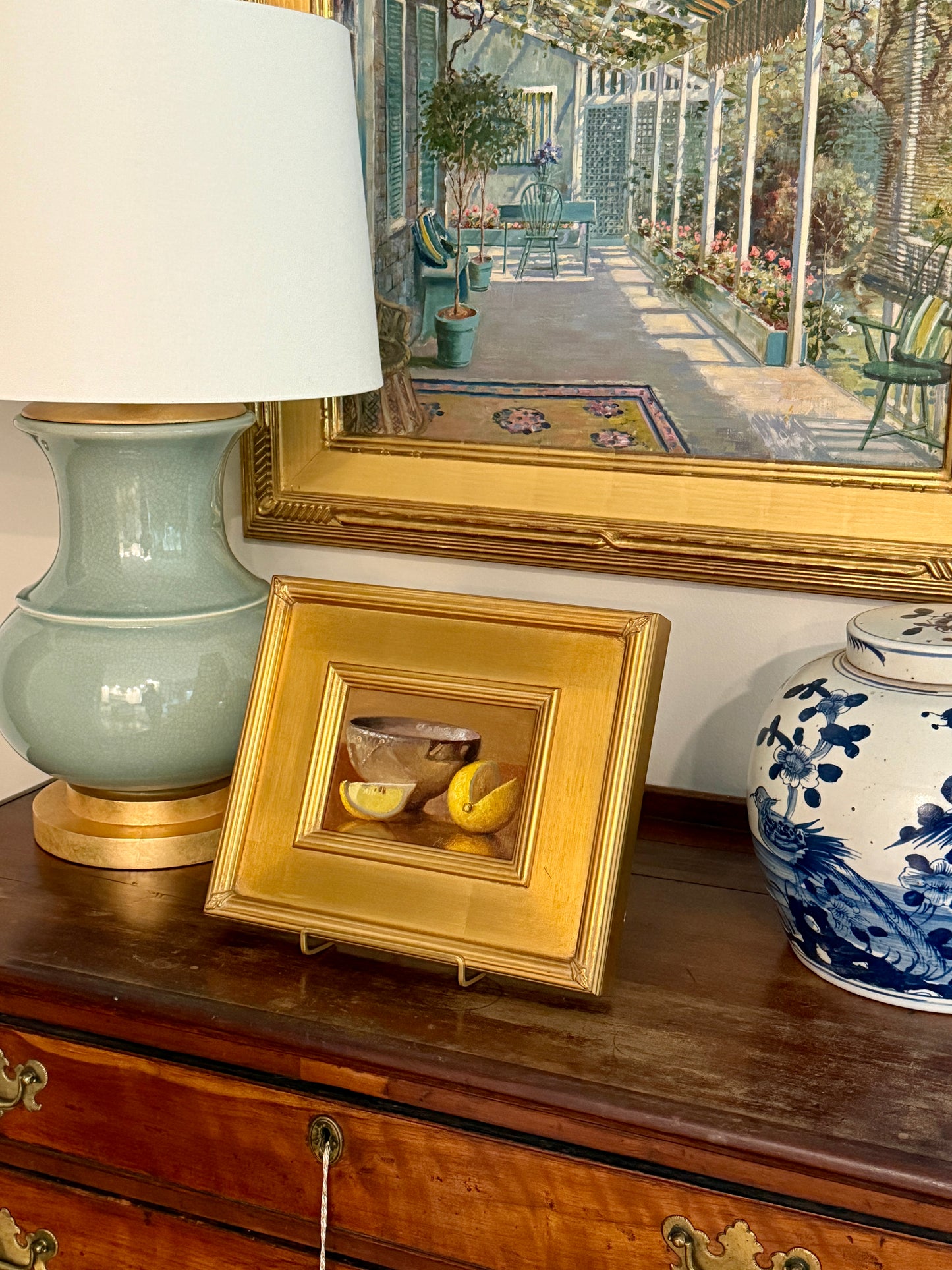 Lemon Slices and Pottery Bowl Still Life Oil Painting in Gold Frame