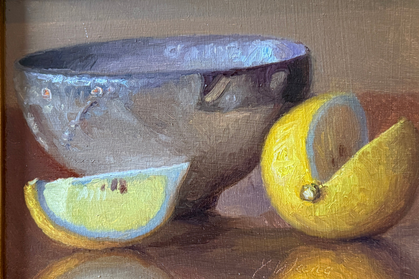 Lemon Slices and Pottery Bowl Still Life Oil Painting in Gold Frame