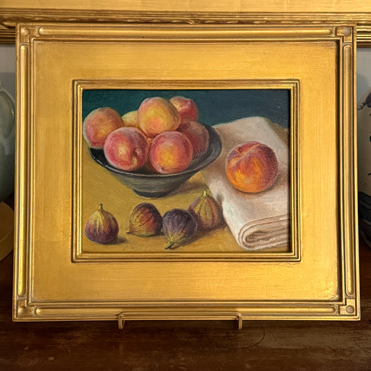 Summer Harvest Peaches and Figs Still Life Oil Painting in Gold Frame