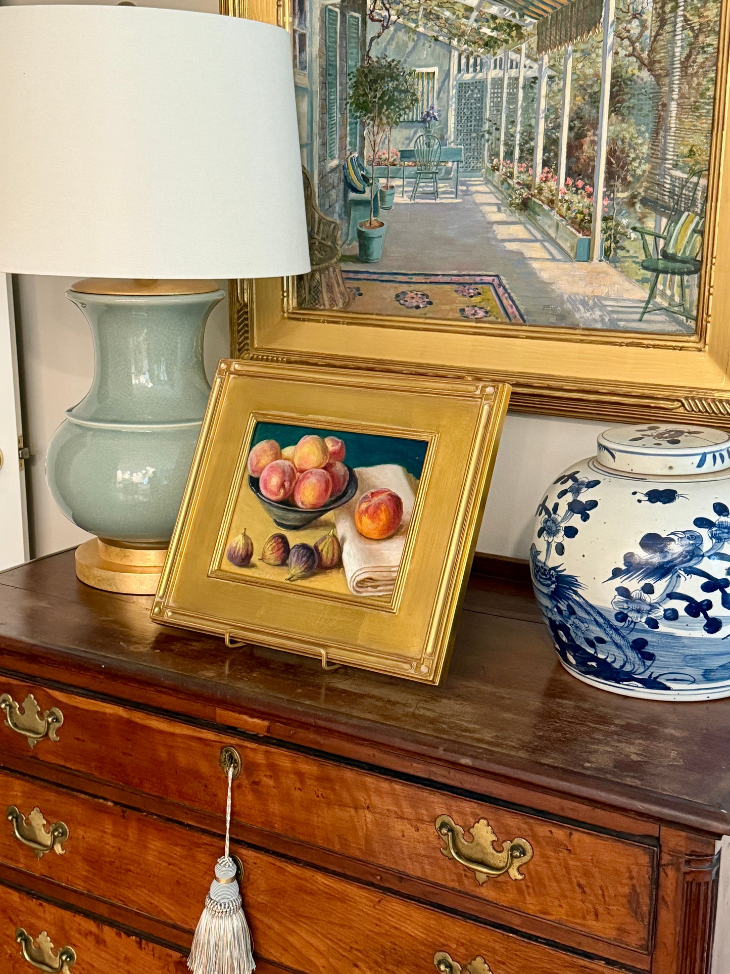 Summer Harvest Peaches and Figs Still Life Oil Painting in Gold Frame