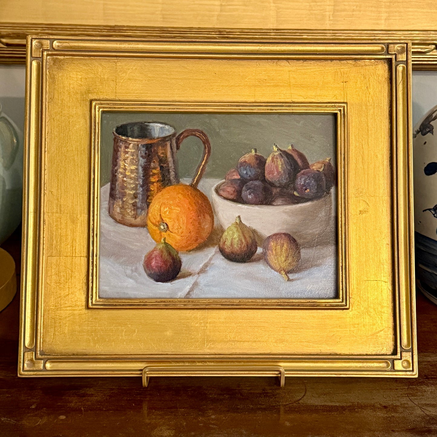 Copper Mug Figs and Citrus Still Life Oil Painting in Gold Frame