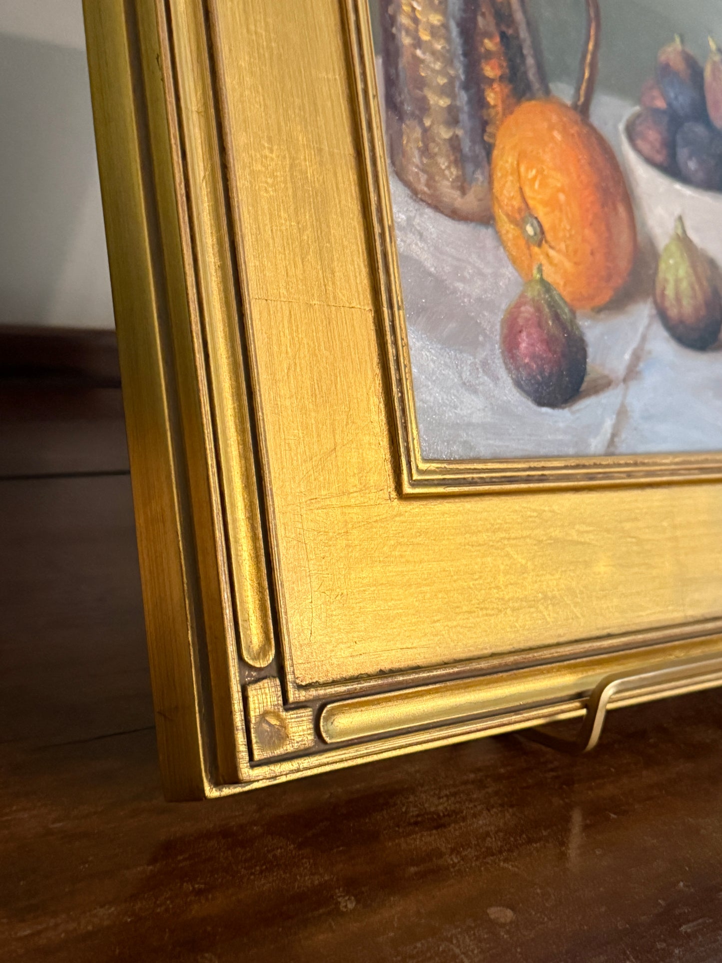 Copper Mug Figs and Citrus Still Life Oil Painting in Gold Frame