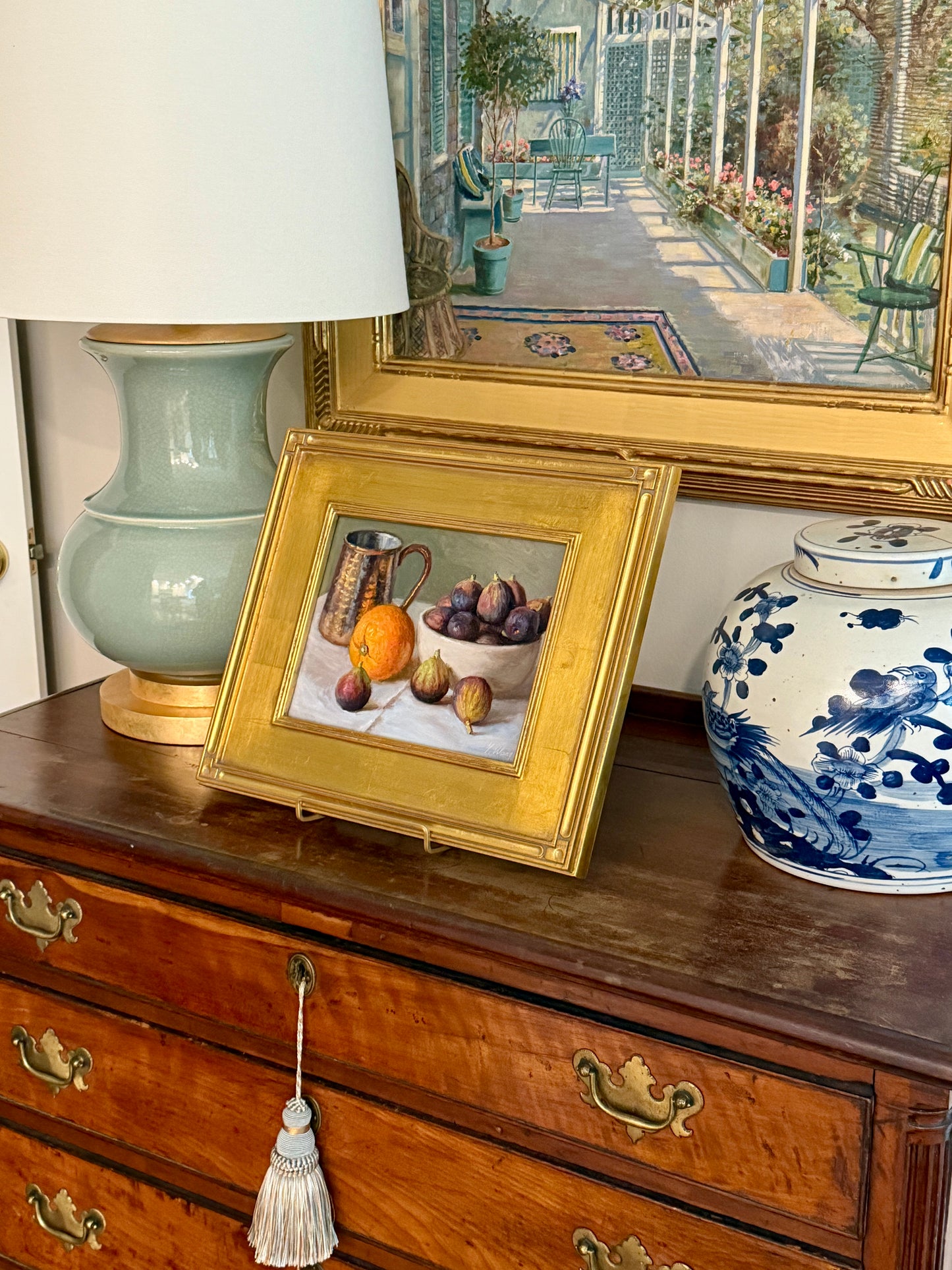 Copper Mug Figs and Citrus Still Life Oil Painting in Gold Frame