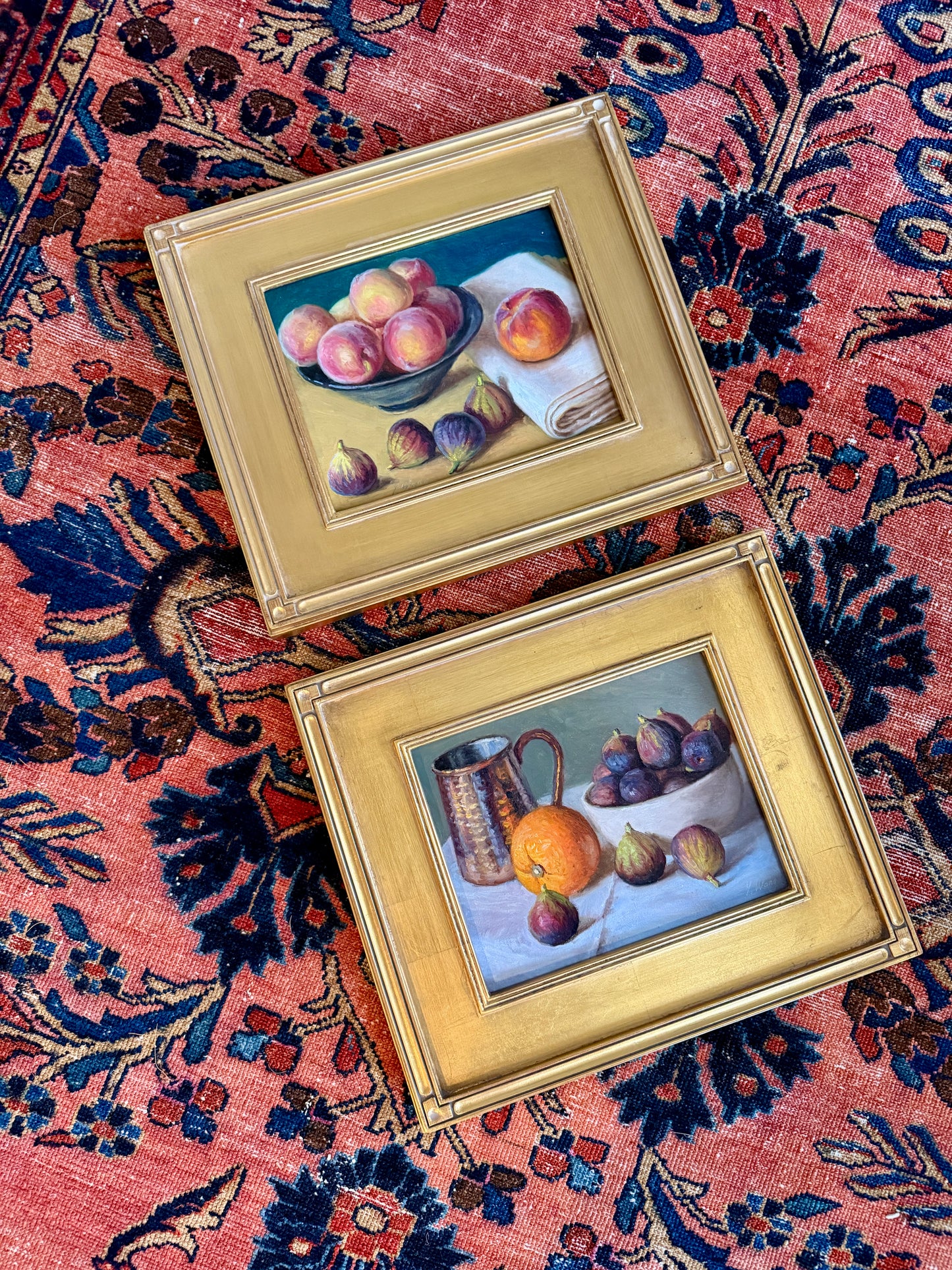 Summer Harvest Peaches and Figs Still Life Oil Painting in Gold Frame