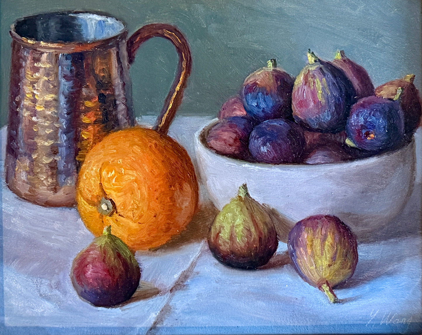 Copper Mug Figs and Citrus Still Life Oil Painting in Gold Frame