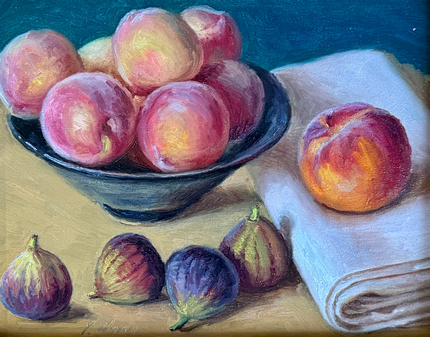 Summer Harvest Peaches and Figs Still Life Oil Painting in Gold Frame